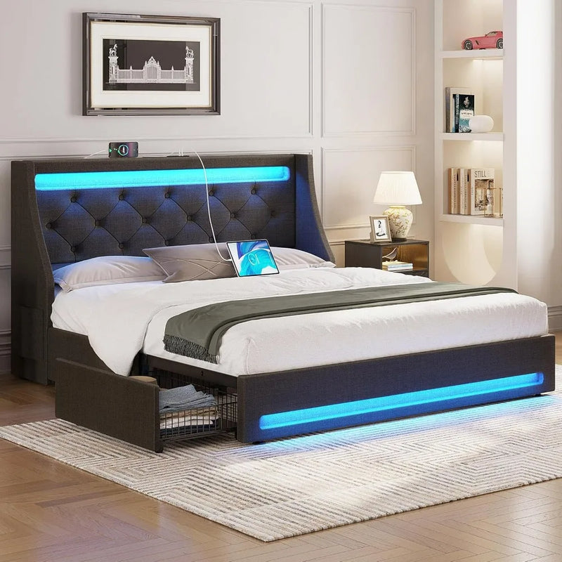 Queen Bed Frame with LED Lights and Charging Station, Upholstered Bed with Drawers, Wooden Slats, Noise Free, Easy Assembly