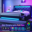 Queen Bed Frame with LED Lights and Charging Station, Upholstered Bed with Drawers, Wooden Slats, Noise Free, Easy Assembly