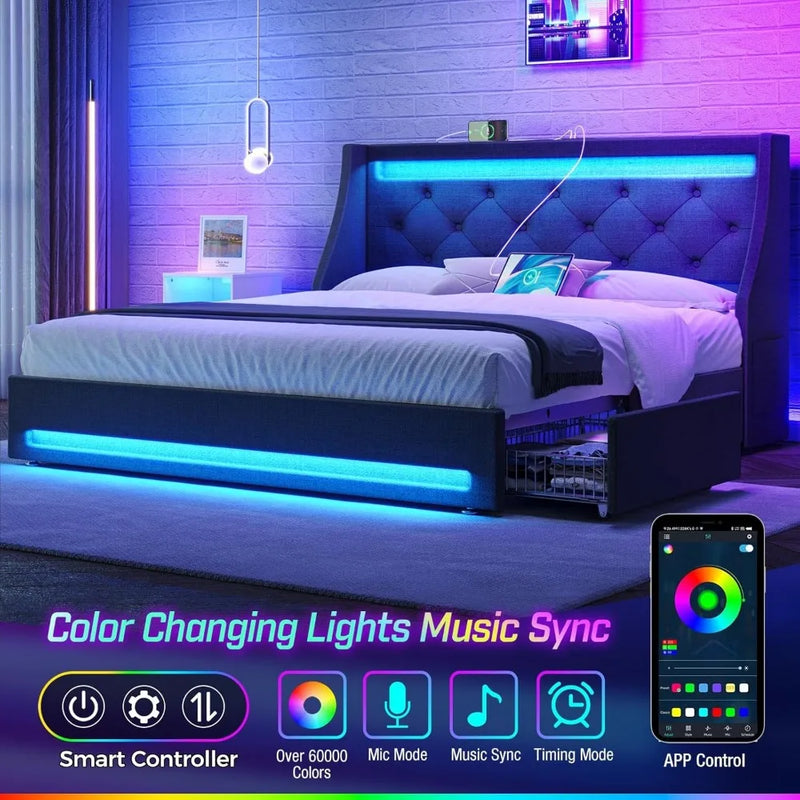 Queen Bed Frame with LED Lights and Charging Station, Upholstered Bed with Drawers, Wooden Slats, Noise Free, Easy Assembly