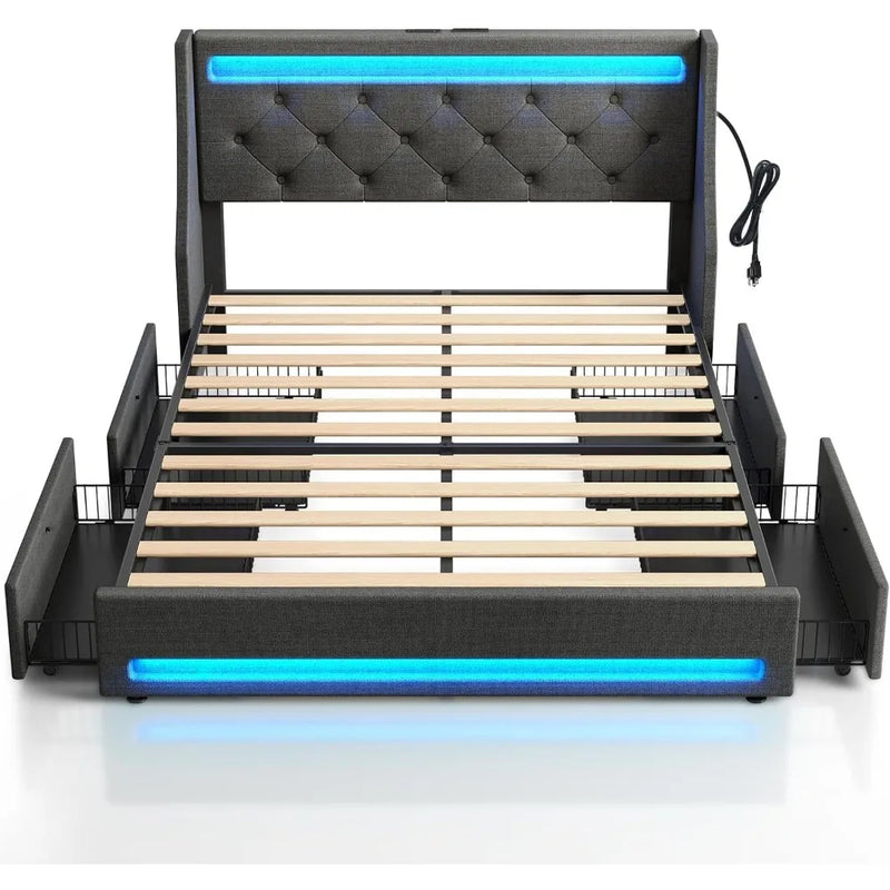 Queen Bed Frame with LED Lights and Charging Station, Upholstered Bed with Drawers, Wooden Slats, Noise Free, Easy Assembly