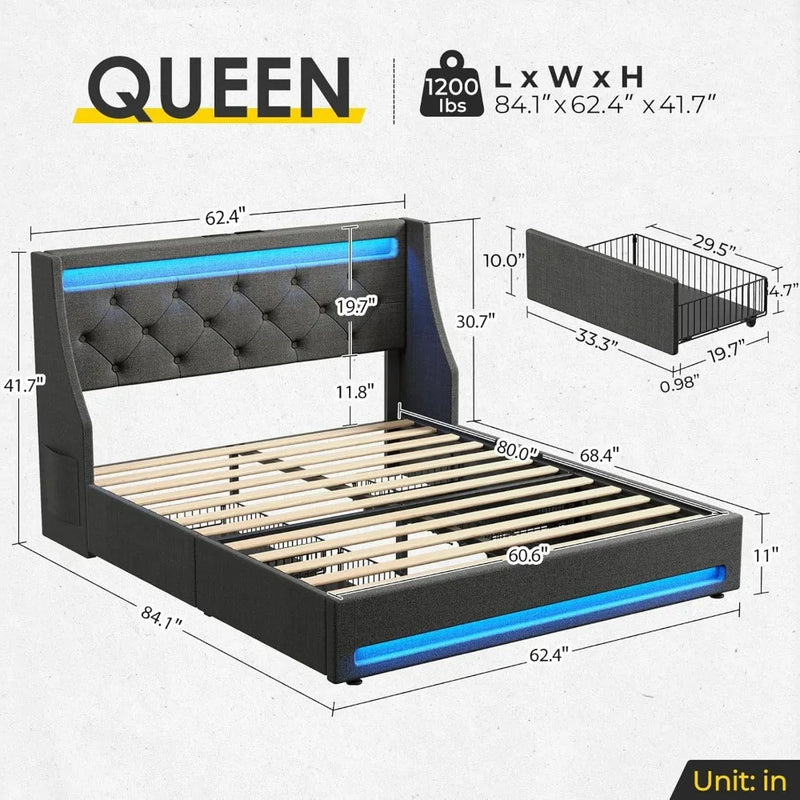 Queen Bed Frame with LED Lights and Charging Station, Upholstered Bed with Drawers, Wooden Slats, Noise Free, Easy Assembly