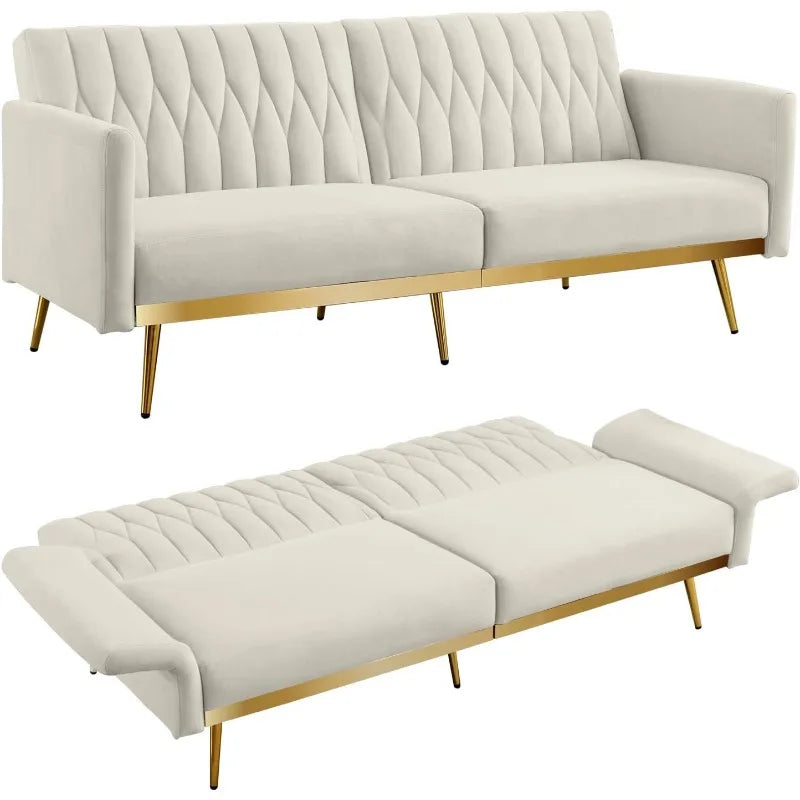 Velvet Convertible Futon Sofa Bed with Golden Metal Legs