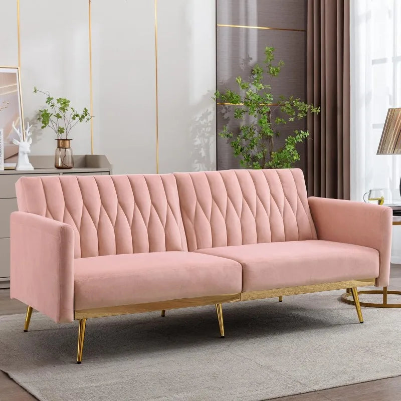 Velvet Convertible Futon Sofa Bed with Golden Metal Legs