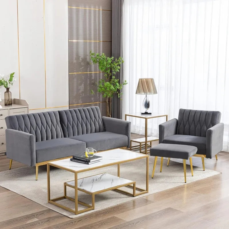 Velvet Convertible Futon Sofa Bed with Golden Metal Legs